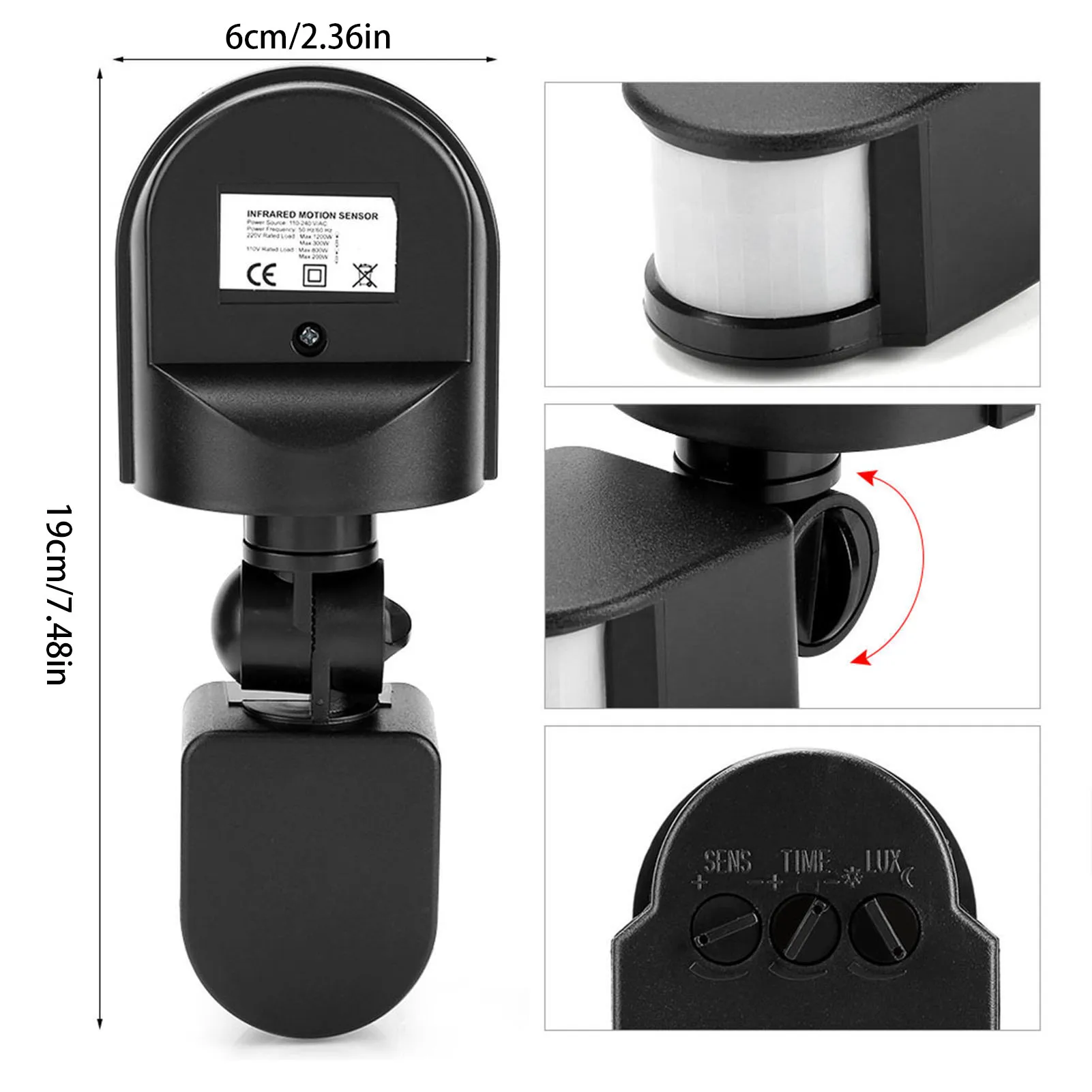 -240V Adjustable PIR Body Motion Infrared Sensor Detector Light Bulb Switch (Black)