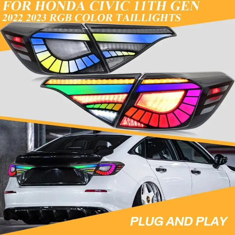 

Для Honda Civic 11-го поколения седан 2022-2024 светодиодные задние фонари RGB на заказ последовательный черный корпус пара