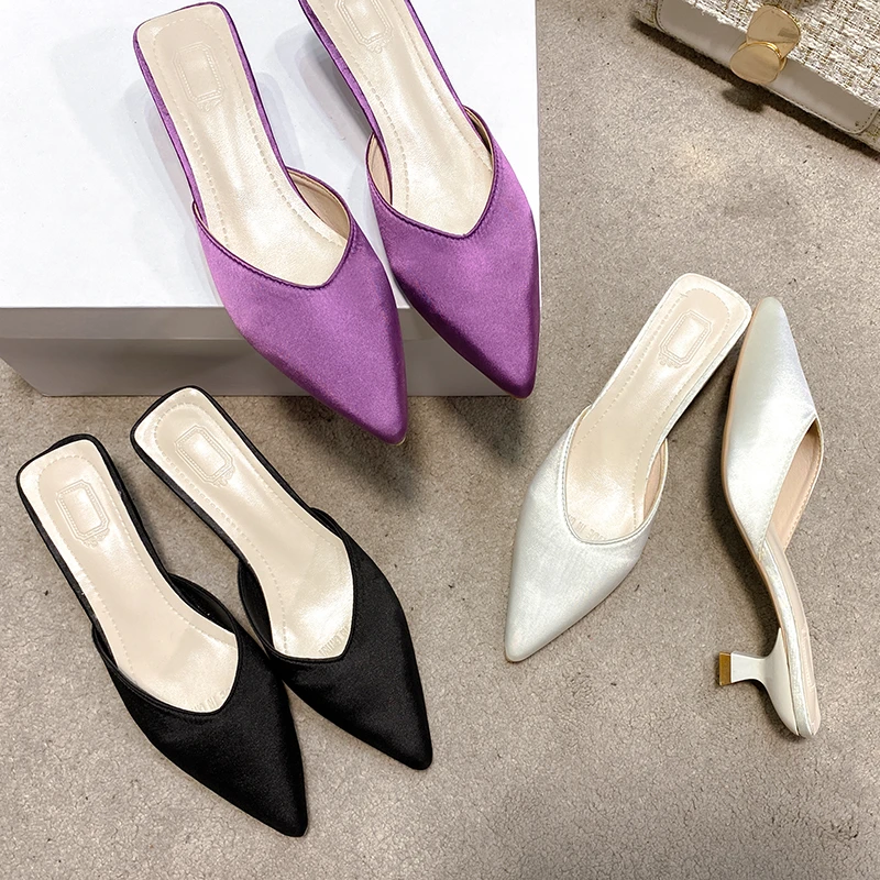 

Designer Concise Pointed Toe Women Slippers Fashion Thin Low Heels Party Pumps Mules Slide Shoes High Heels Party Dress Shoes