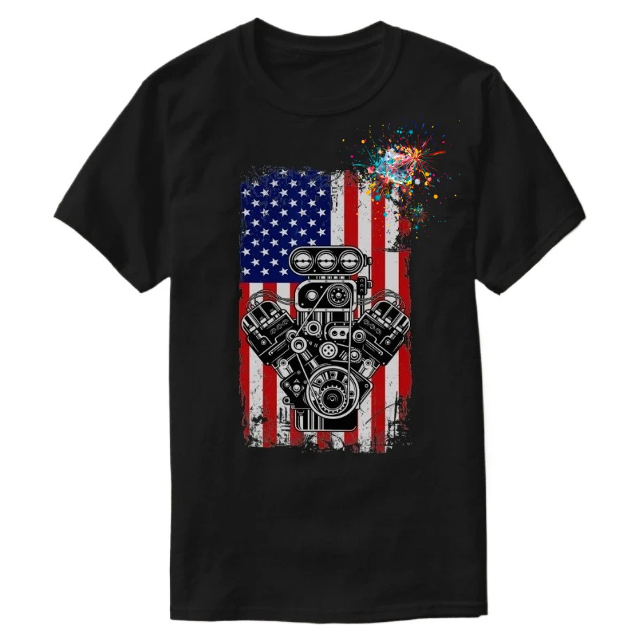 Vintage Muscle Car Engine American Flag Retro Mechanic Gift T-Shirt 100% Cotton O-Neck Short Sleeve Summer Casual Mens T-shirt