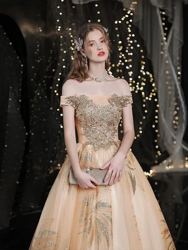 

Golden Wedding Dr Angel Bride Ceremony Performance owcases Ele Ball Gown ort Sve Long Skirt Wedding Gown