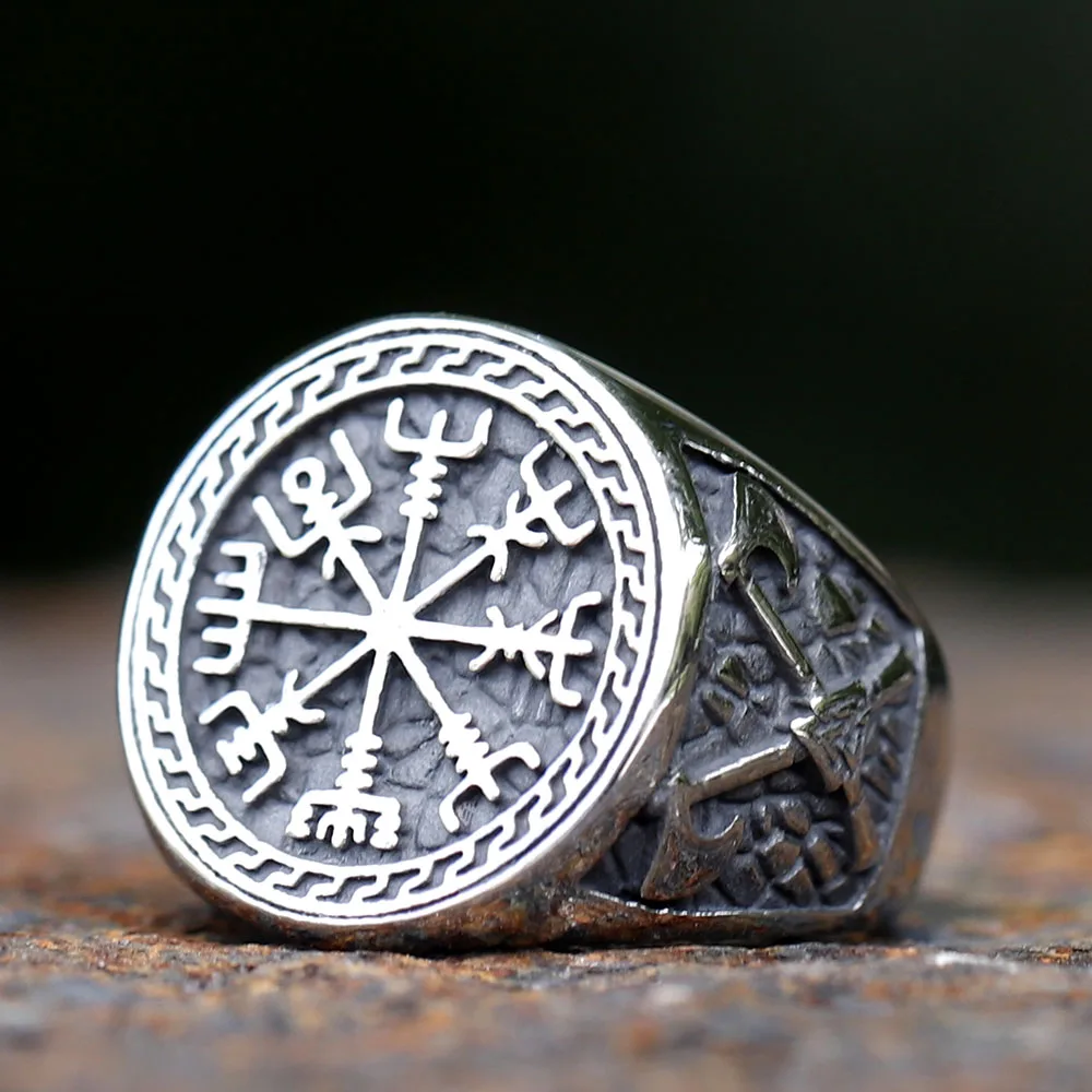 2023 NEW Men's 316L Stainless Steel Viking Nordic Vegvisir and Axe High Quality Jewelry Amulet Ring for gift free shipping