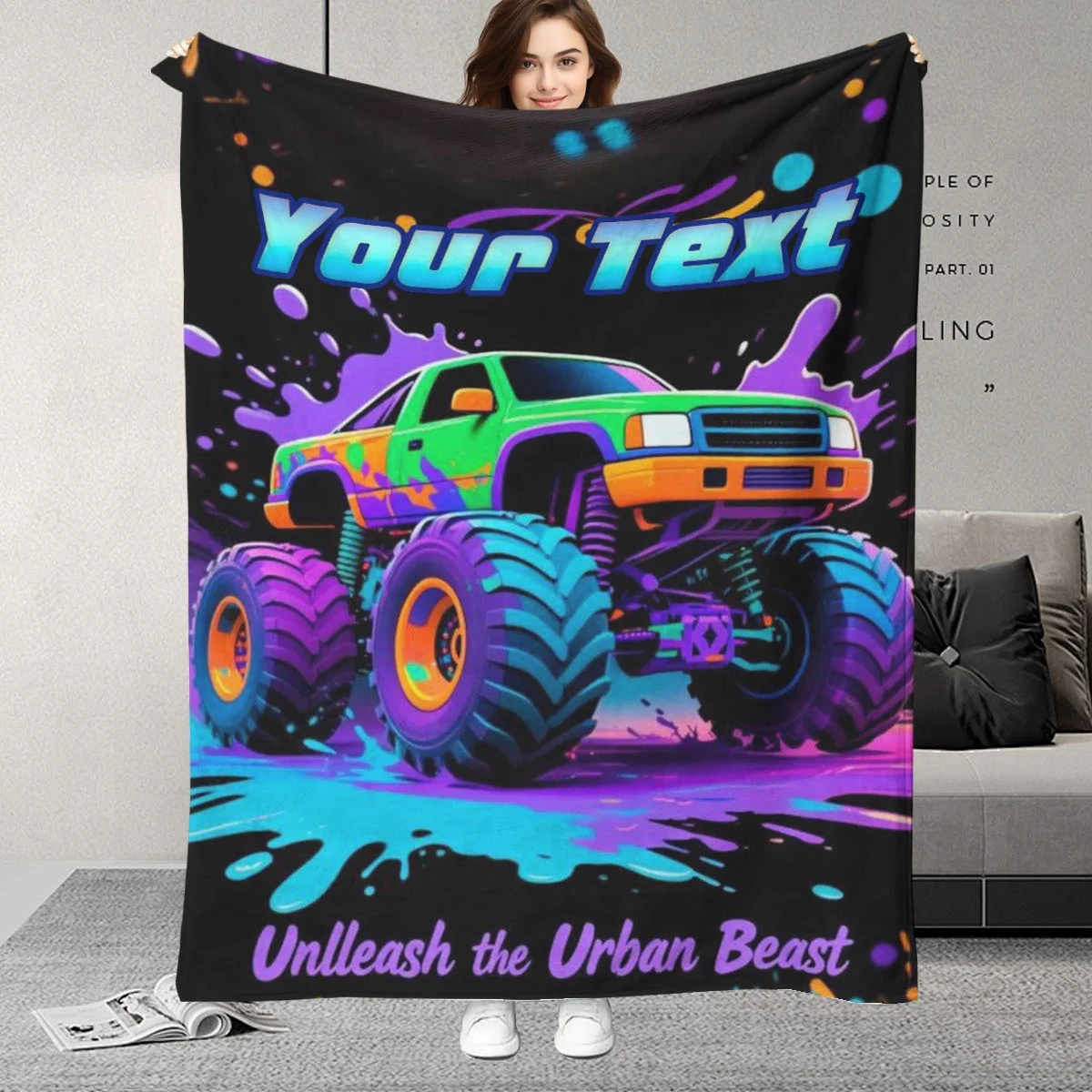Personalisierte Namens-Cartoon-Monster-Truck-Flanelldecke – weich, gemütlich, warm für Sofa, Bett, Reisen
