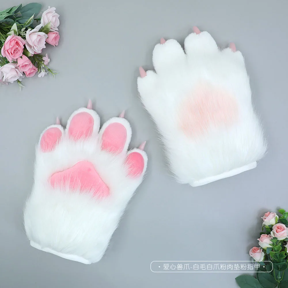 Love Heart Pattern Plush Fursuit Gloves Handmade Cosplay Props Cute Plush Nail Animal Claw Mitten Multicolor Kawaii Accessories