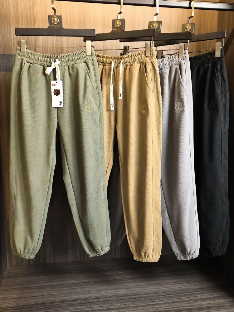 Elegant Embroidered Tiger Head Comfortable Loose Fit Men's Spring Season Casual Sports Pants Trendy Straight Leg Elastic Waist