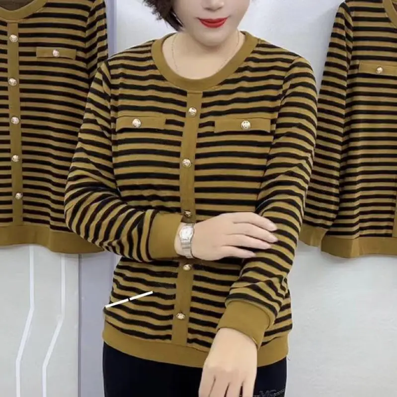 Autumn Middle-aged and Elderly Pullover Mom's Simple Casual T-shirt Round Neck Striped Long Sleeved Base Top