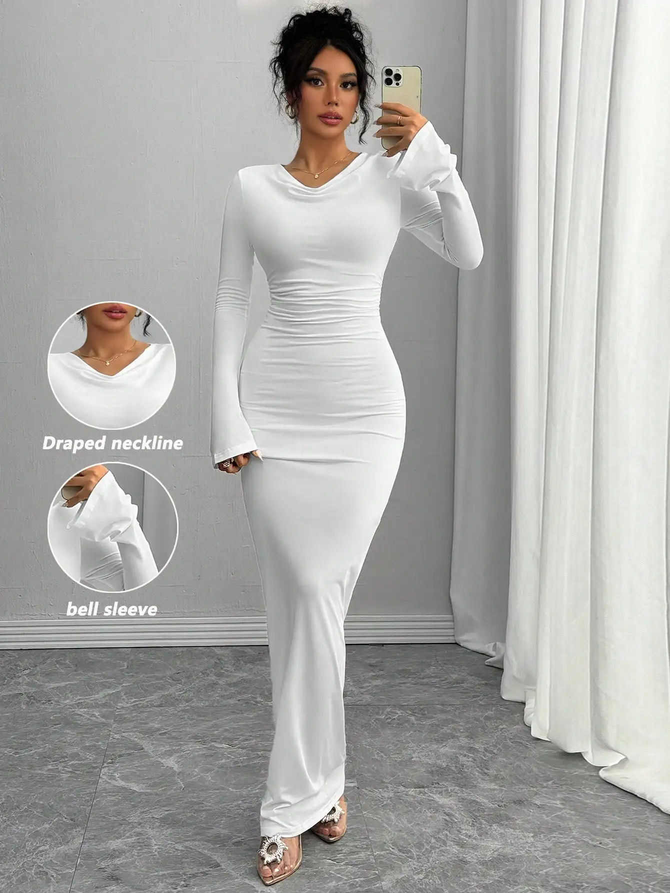 

Элегантное платье чисто белого цвета с драпировкой на шее, рюшами на талии и облегающими рукавами-колокол, осенняя коллекция для женщин