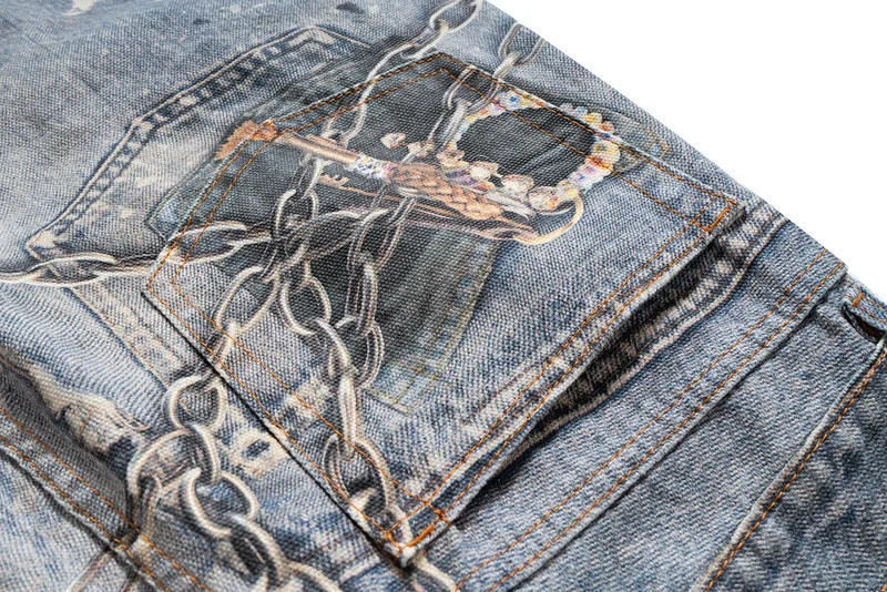 High Street Denim Pants Men's Hip Hop 3D Printed Chain Inkjet Graffiti Vintage Loose Wide Leg Casual Jeans Pant Men Clothing