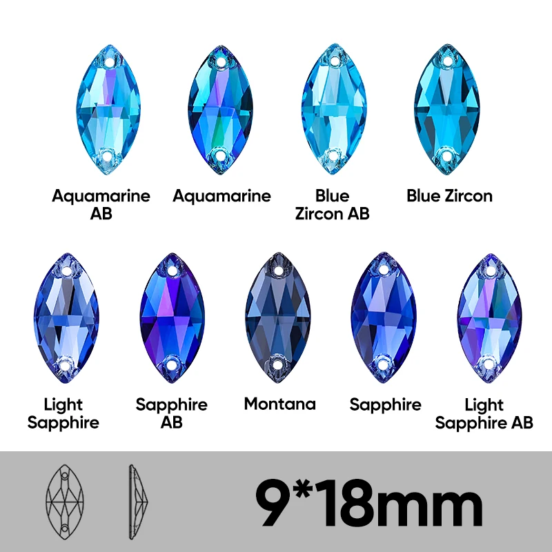 Blaue Serie, mehrförmige Glassteine zum Aufnähen, hochwertige Glitzer-Kristallsteine für Kleidung, Taschen, DIY-Strass-Accessoires