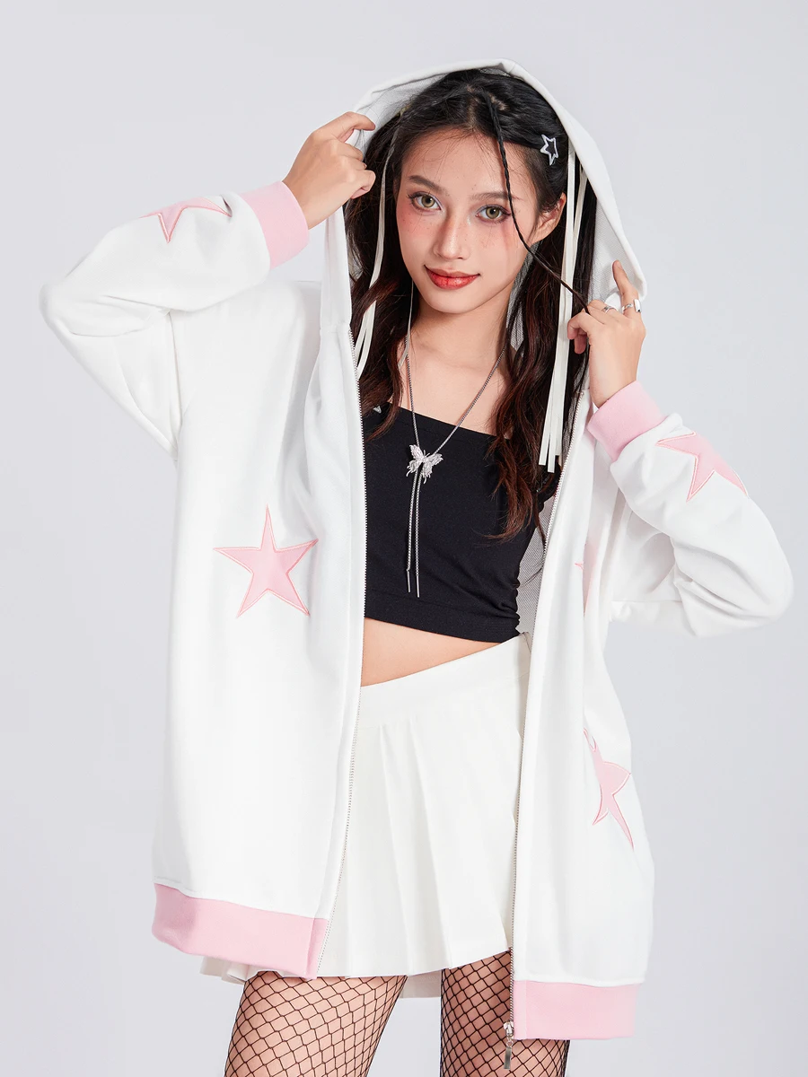 

Women's Fashionable Hoodies Stars Pattern Long Sleeve Teen Girl Fall Jacket Casual Clothes Zip-Up Hooded Oversized Sweatshirts