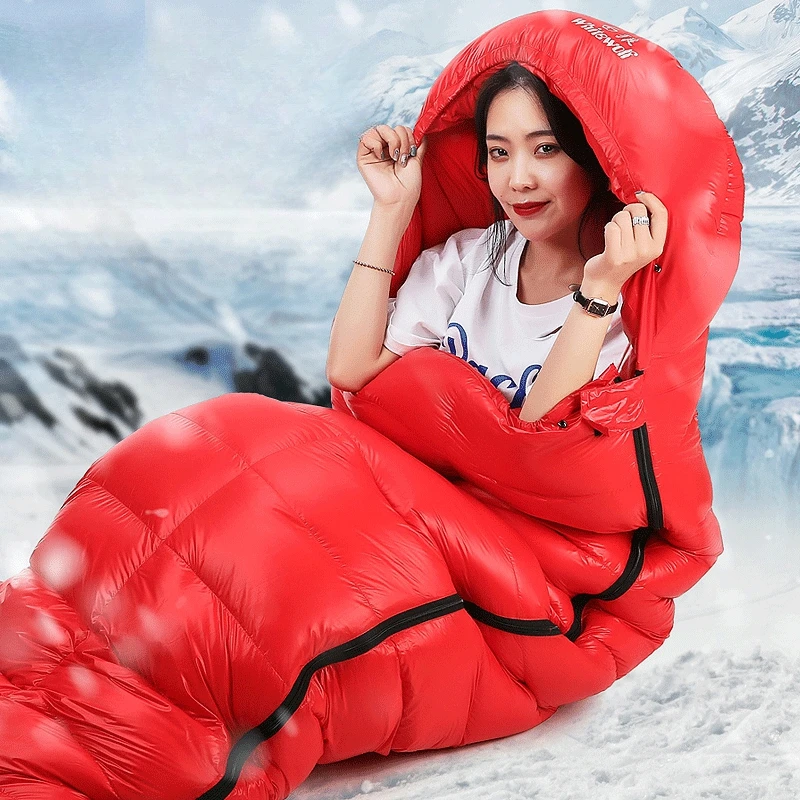 Adult White Goose Down Envelope Sleeping Bag Filling 2500/3000g Single Person Ulrtalight Outdoor Camping with Cap Can Be Spliced