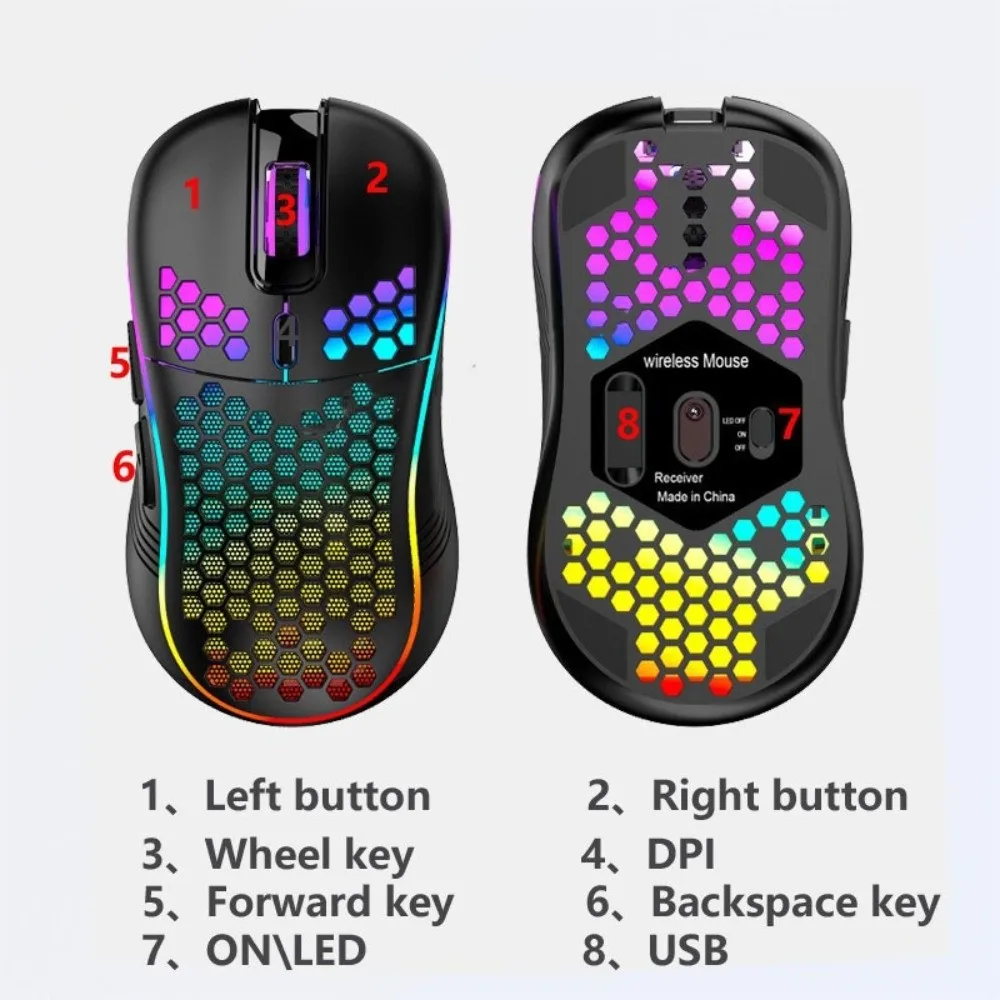

Регулируемая мышь с RGB-подсветкой DPI, эргономичный дизайн, перезаряжаемая игровая мышь, сотовый корпус, красочная беспроводная мышь 2,4G для ПК