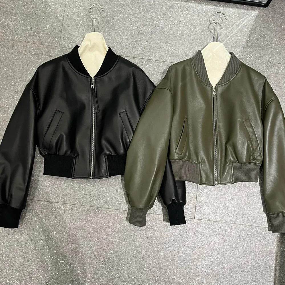 جاكيتات جلدية قصيرة جديدة 100% من الجلد الطبيعي لعام 2026، أزياء الشارع العصرية، معاطف بيسبول من جلد الغنم باللون الأخضر العسكري، جاكيت جلدي نسائي كاجوال