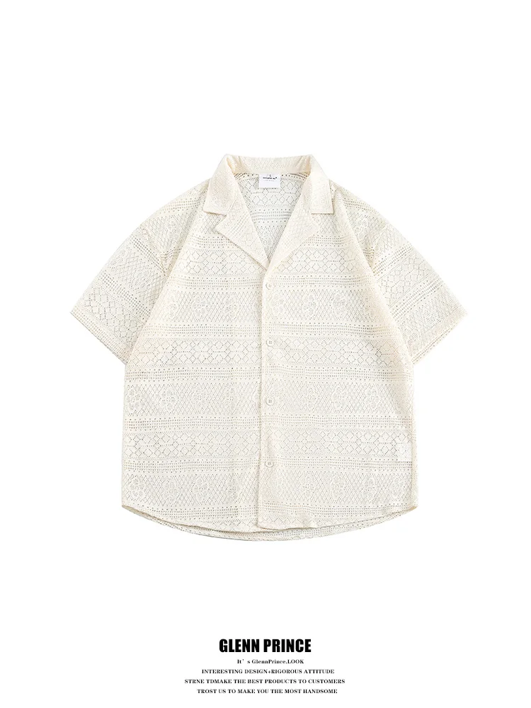 GPstudio Men's Short Sleeve Shirt Hollow out Lace Cuban Collar Vintage Japanese Style Summer Top High End Shirt Jacket