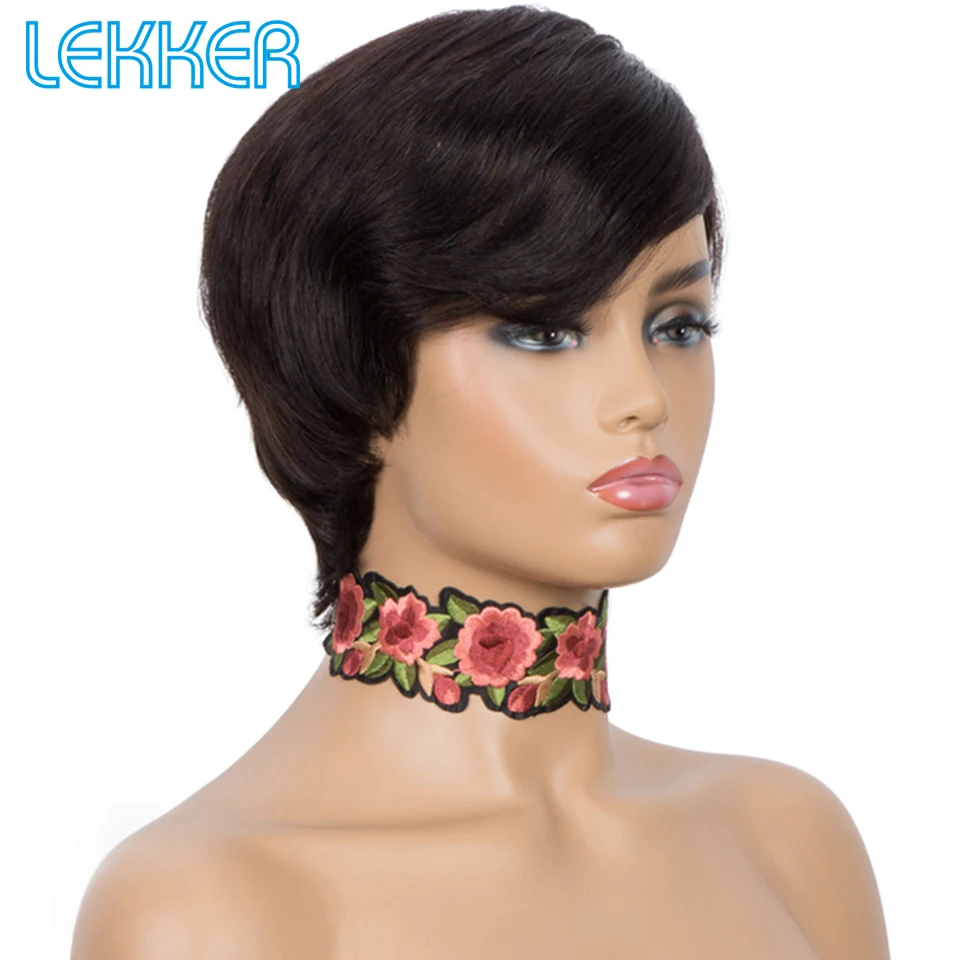 Lekker التخليص الأسود قصير عابث قطع 100% خصلات الشعر المستعار الإنسان للنساء البرازيلي شعر ريمي آلة كاملة صنع لا الغراء شعر مستعار مستقيم