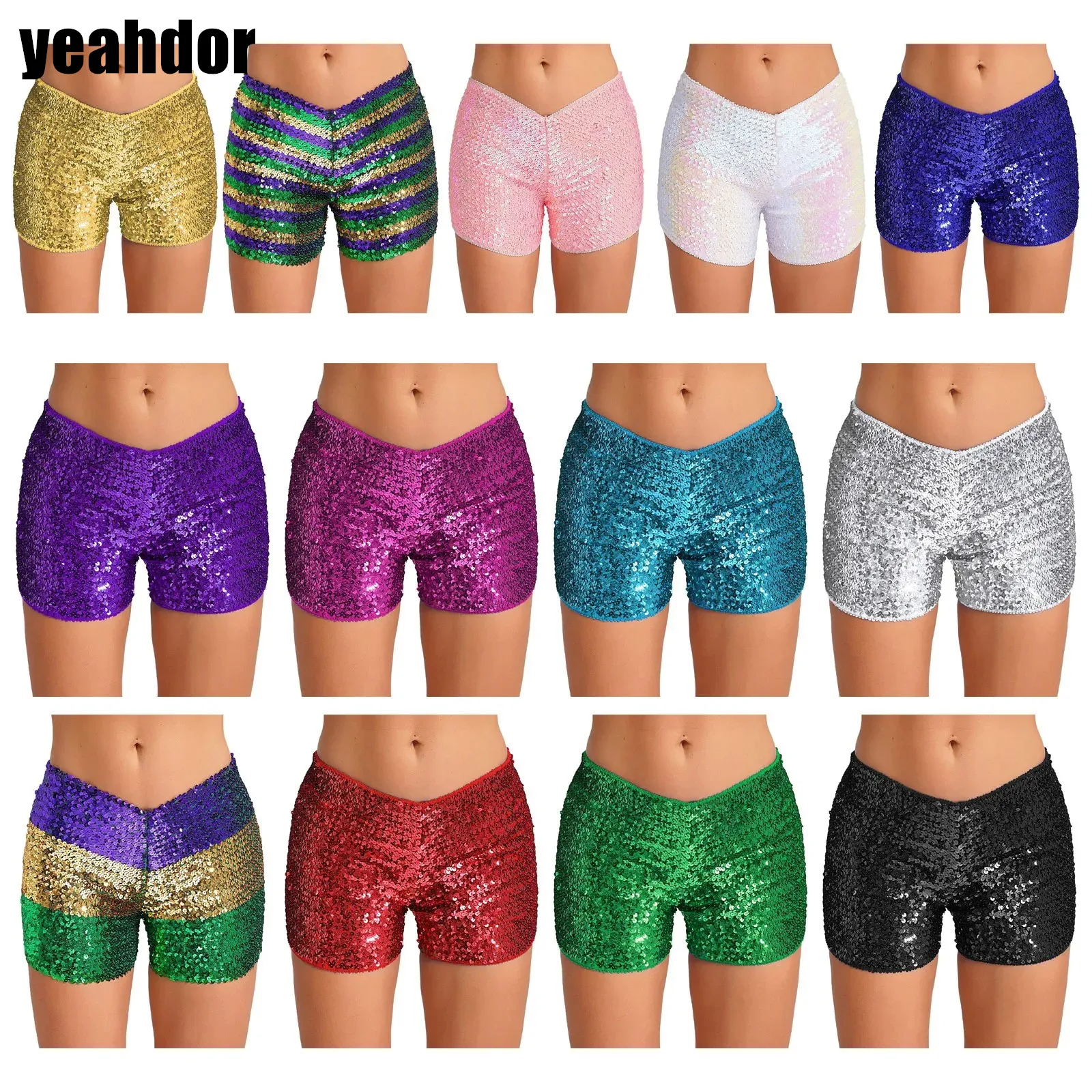 

Womens Shiny Sequins Hot Pants Low Rise Stretchy Dance Shorts for Birthday Party Raves Club Music Festival