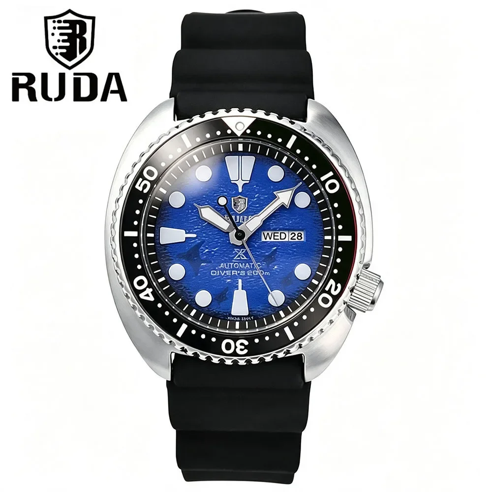 RUDA Men's Quartz Watch with Double Calendar Two-color Rotating Playable Ring Steel Belt Devil Fish Design Business Watch