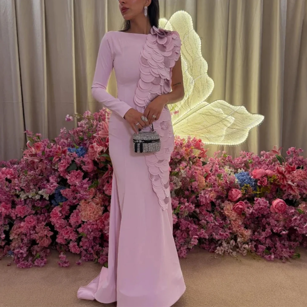 

Модное вечернее платье по индивидуальному заказу с длинным рукавом Русалка длиной до пола Вечерние платья Плиссированные аппликации Джерси Вечерние платья