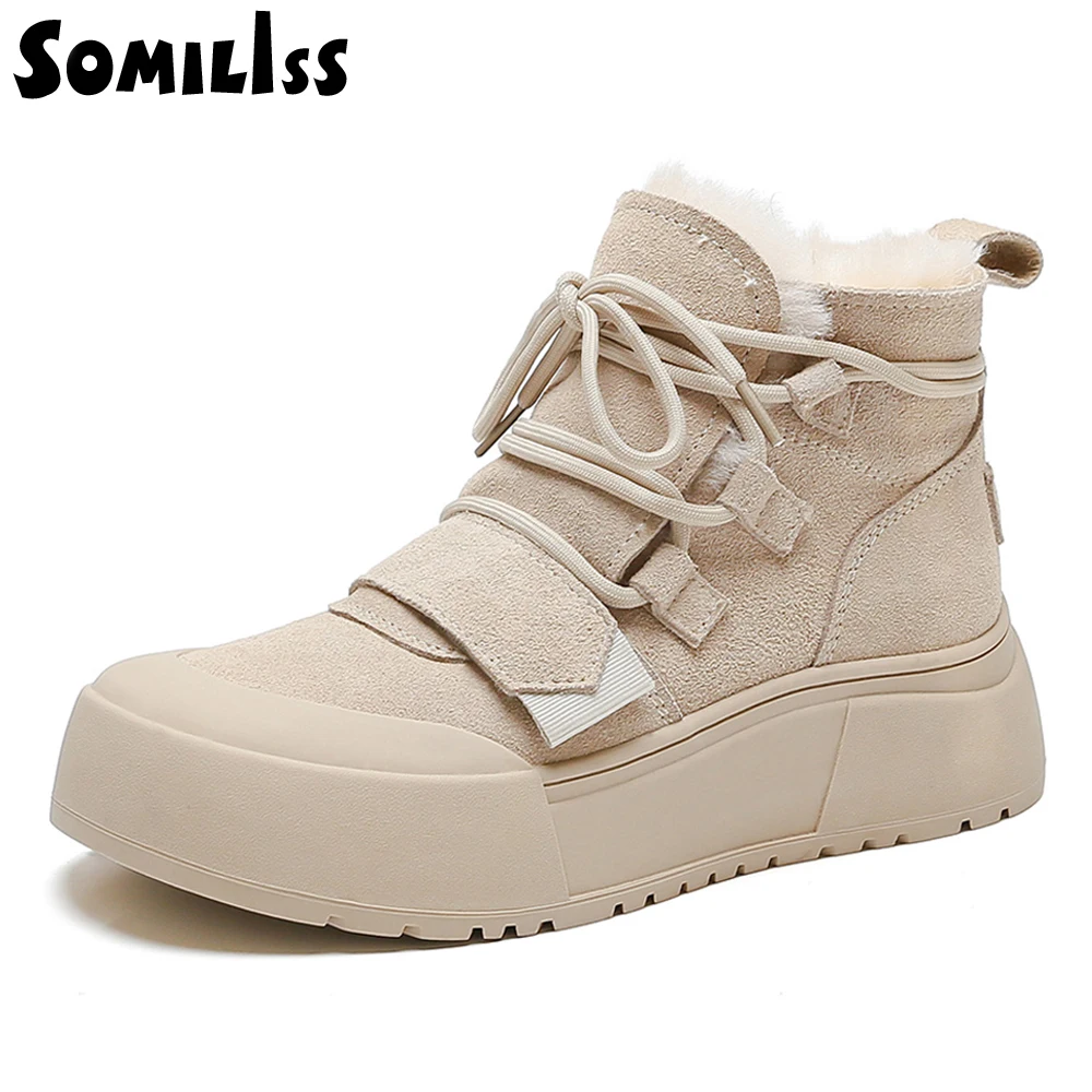 SOMILISS Women's Short Boots For Winter Genuine Cow Suede Leather Short Plush Warm Ladies Fashion Thick Sole Snow Boots