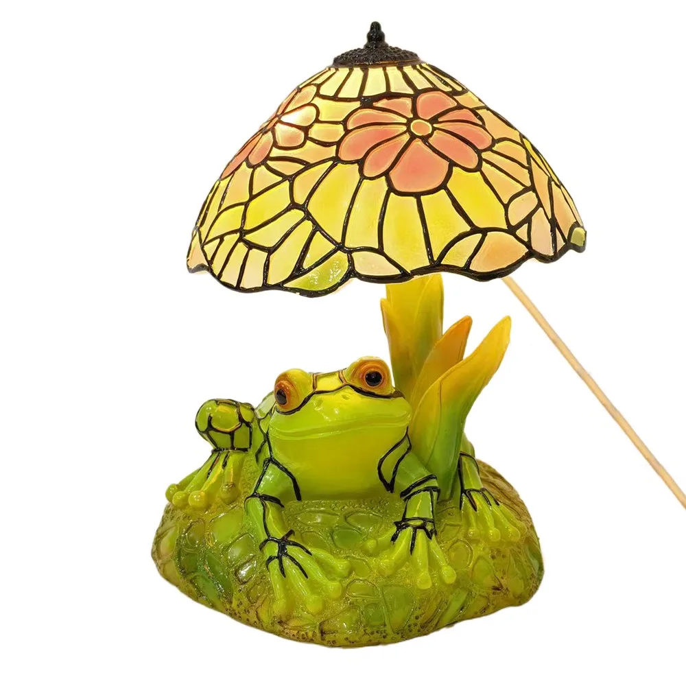 新しいヴィンテージ-led-テーブルランプバロックカエルの花の形カエルの花ステンドランプデスクライト寝室読書カフェ