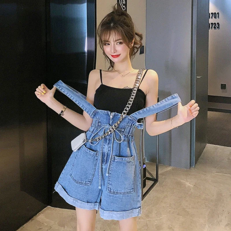 Denim Rompers Women New Summer Fashion Korean Style Baggy Simple Lace-up Chic All-match Young Design Leisure Wide Leg Overalls