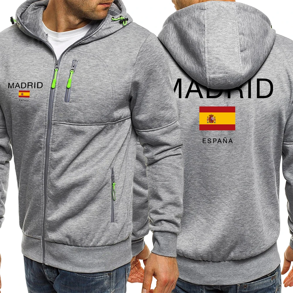 

Madrid Spain Flag Pattern Zipper Jackets Men Fashion Soft Hoodies Autumn Loose Sweatshirts Unisex Vintage Casual Clothing