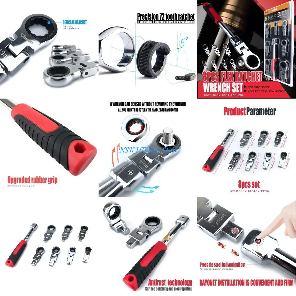 

L8RC Head Ratchet Wrench Set, Metric Rotatable Combination Wrench Interchange