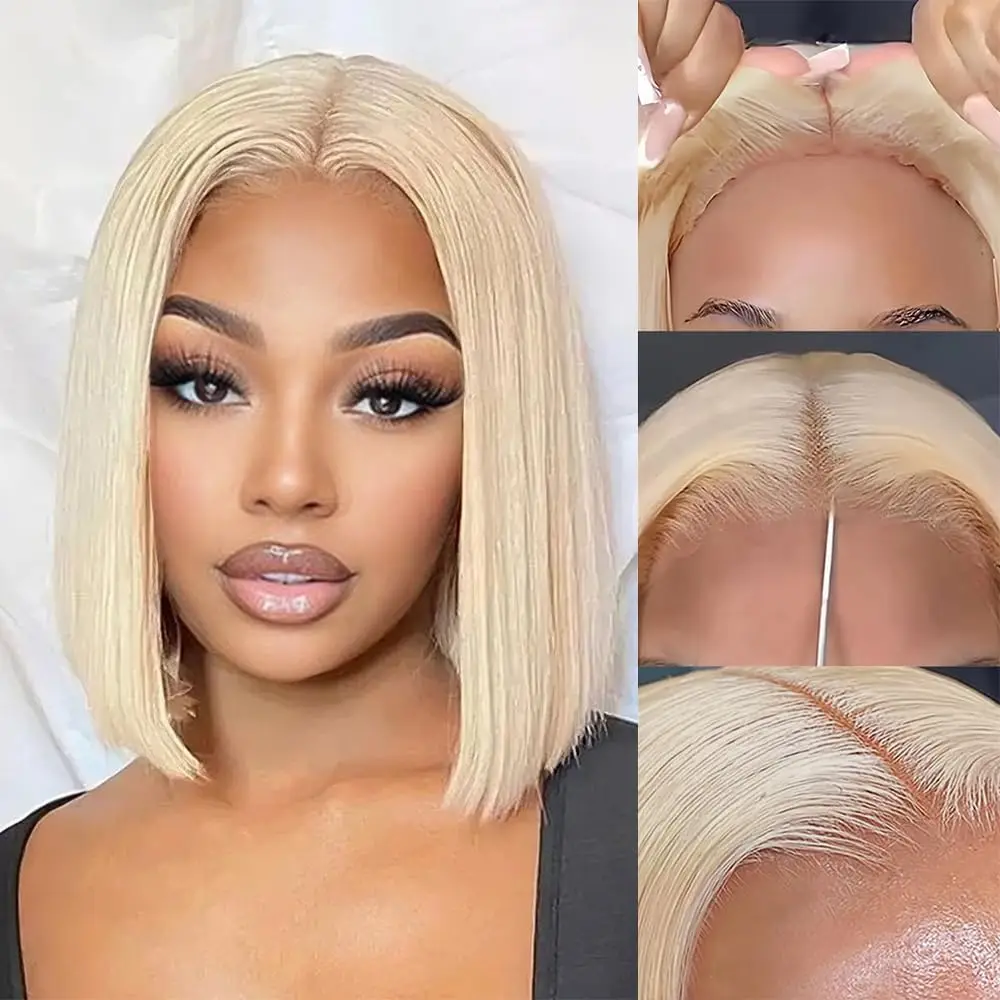 Perruques blondes 613 en cheveux humains avec dentelle frontale pour femmes, densité 200, perruques frontales en dentelle HD transparente 13x6, cheveux Remy courts de 8 à 14 pouces