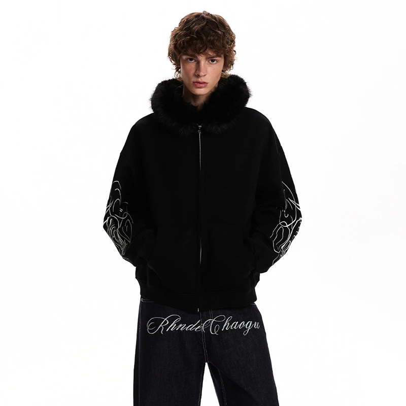 LUZHEN 2026 Winter Trendy Original Printed Letter Faux Fur Collar Hooded Sweatshirt Coat Men Handsome High Quality Jacket JY9030
