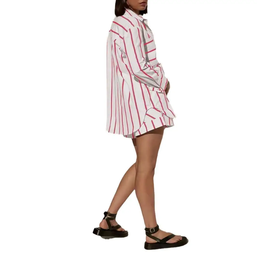 Setelan Wanita Bergaris Lengan Panjang dengan Pinggang Elastis, Setelan Dua Potong Modis untuk Kerja, Koleksi Musim Panas