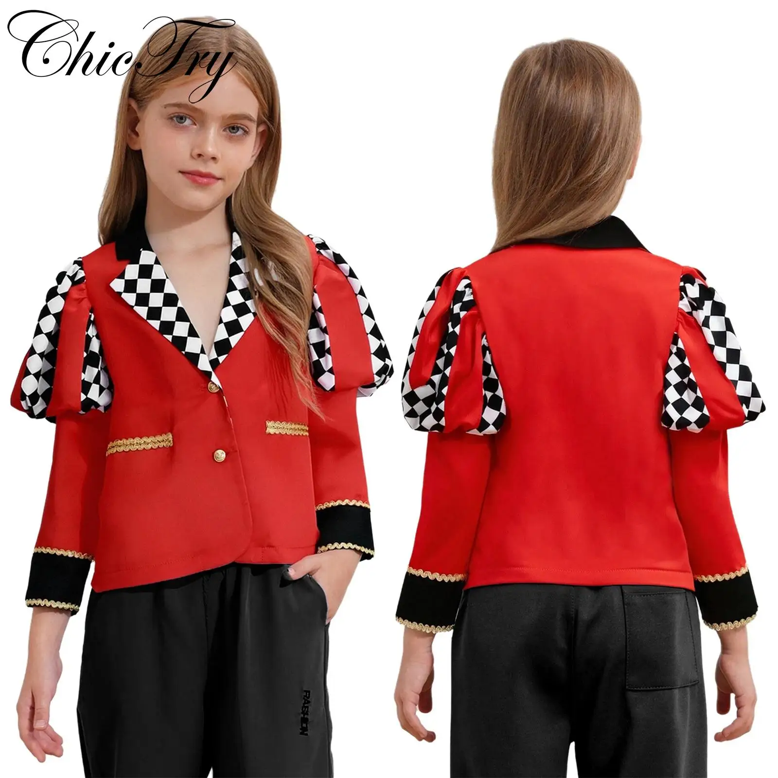 

Kids Girls Queen Circus Costume Gold Webbing Puff Sleeve Front Buttons Halloween Cosplay Party Coat Outwear Carnival Dress Up