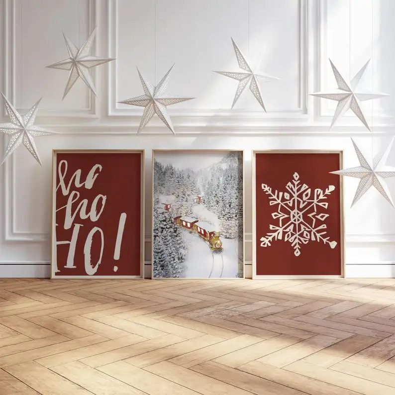 3pcs/set Red Background Christmas Train Canvas Print Ho Ho Ho Quote Snowflake Winter Wall Art Poster for Living Room Home Decor