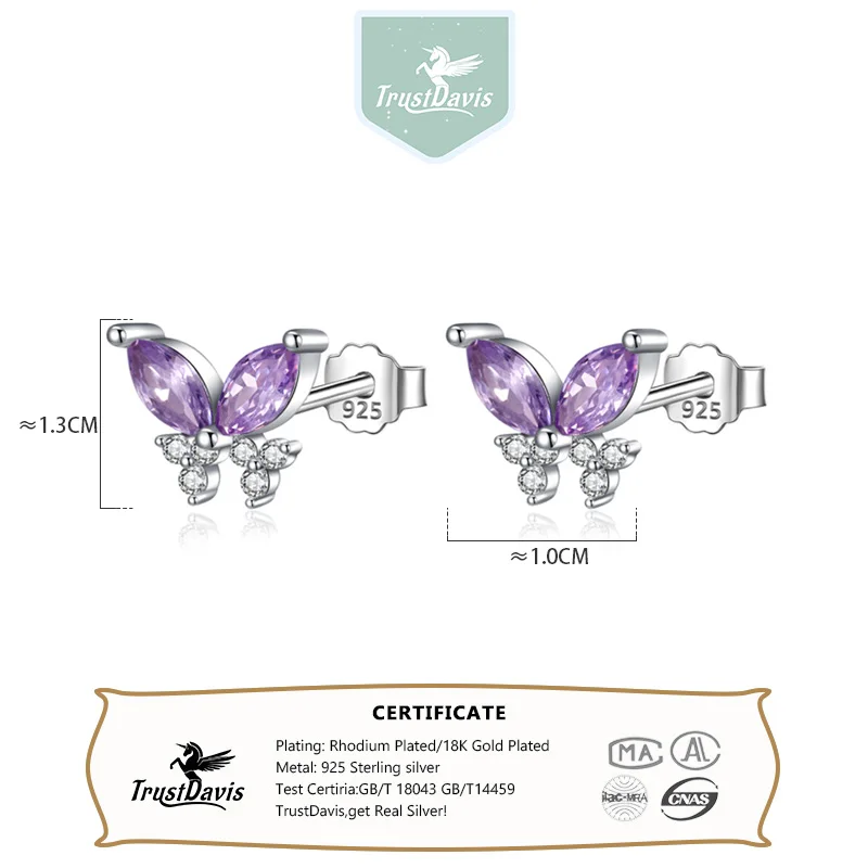 TrustDavis 925 Sterling Silver Elegant Butterfly CZ Stud Earrings Gift for Lady Daugther Girls S925 Wholesale Jewelry DS3877