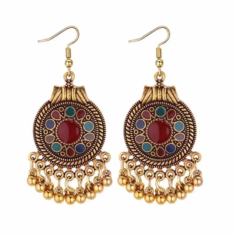 Delysia King Women Retro National Style Round Metal Ball Fringe Earrings Personality Geometric Tassels Dangle Earring