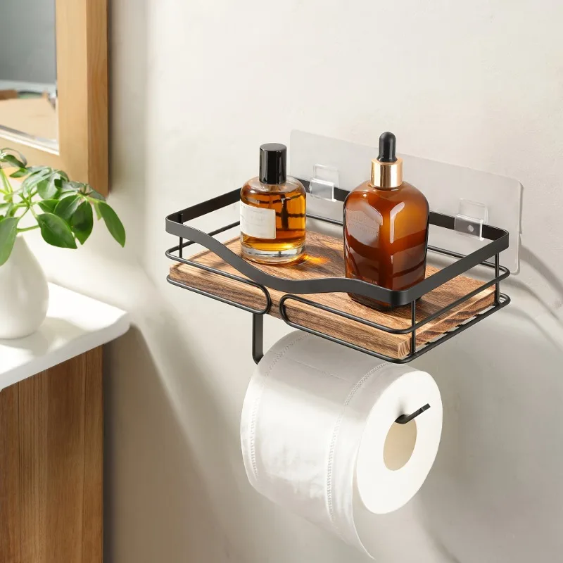 

Double Layer Wooden Toilet Paper Holder, Iron Wood Combination Bathroom Storage Shelf, Wall Mounted for Home Decor