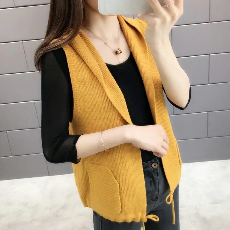 Clothes for Women Autumn Simple Casual Drawstring Hooded Knitted Sweater Vest Solid Loose Sleeveless Pockets Cardigan Waistcoat