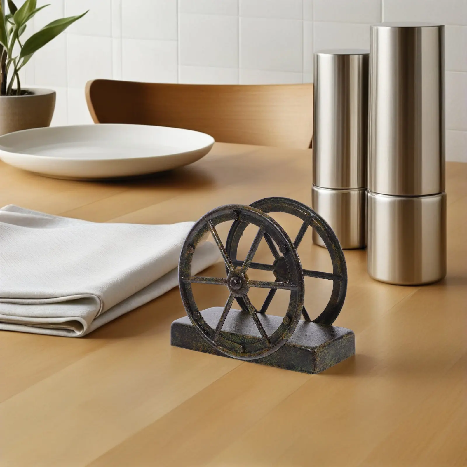 Vintage Metal Napkin Holder Cast Iron Wheel Design Freestanding Rustic Farmhouse Table Centerpiece for Kitchen Counter Organizer
