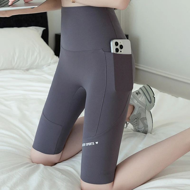 Women Knee Length Shark Fin Pants High Waisted Summer Cycling Pants Korean Fashion Slim Jogging Fitness Pocket Trousers