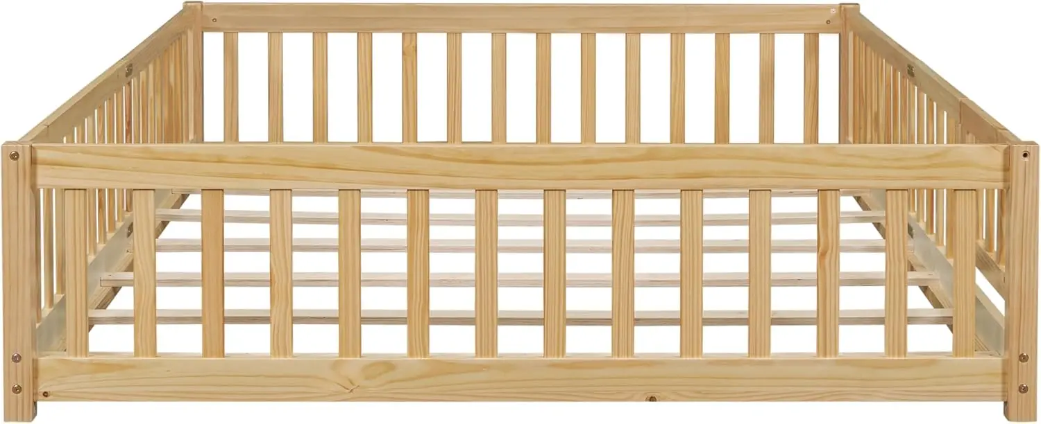 Queensize vloerbed met deur, Montessori-vloerbed voor kinderen met latten en hek, massief houten queensize bedframe voor meisjesjongens (Queen, Na