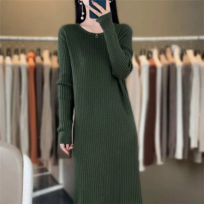 

Hot selling Cashmere long dresses women O-Neck dress sweater casual long sleeved long dresses knitted women pullove