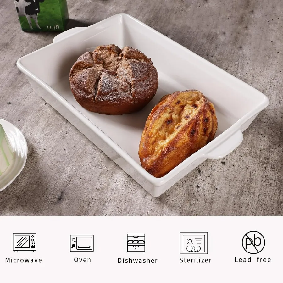 Plat de cuisson en céramique avec poignées, poêle à lasagne, ustensiles de cuisson de service profonds et grands pour la cuisson. Coffre-fort pour congélateur (blanc)