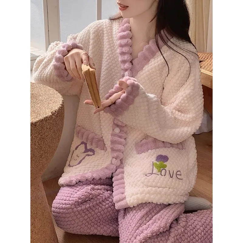 Girls Coral Velvet Pajamas Women Autumn Winter Loungewear 2024 New Thickened Plush Sleepwear Flannel Home Wear Cardigan Set