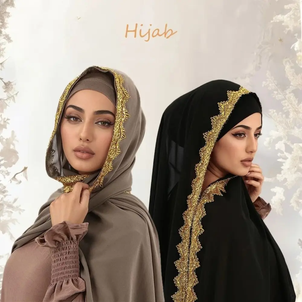 

Luxury Silk Chiffon Hijab Scarf Gold Glitters Islamic Turban Wide Bandana Women Headscarf Women