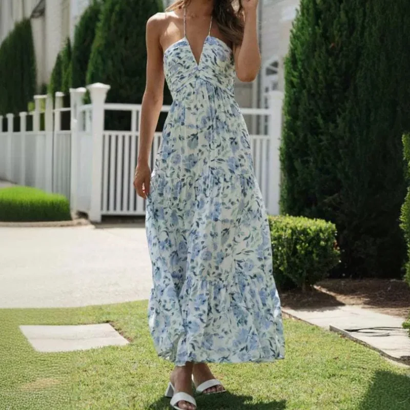 

Women's Summer Floral Print Long Halter Dress V Neck Sleeveless A Line Maxi Dress Boho Backless Big Swing Beach Vestidos Платье