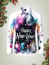2025 Happy New Year Pattern 3D printed Men's long sleeved shirt top spring autumn new fashion casual unisex clothing