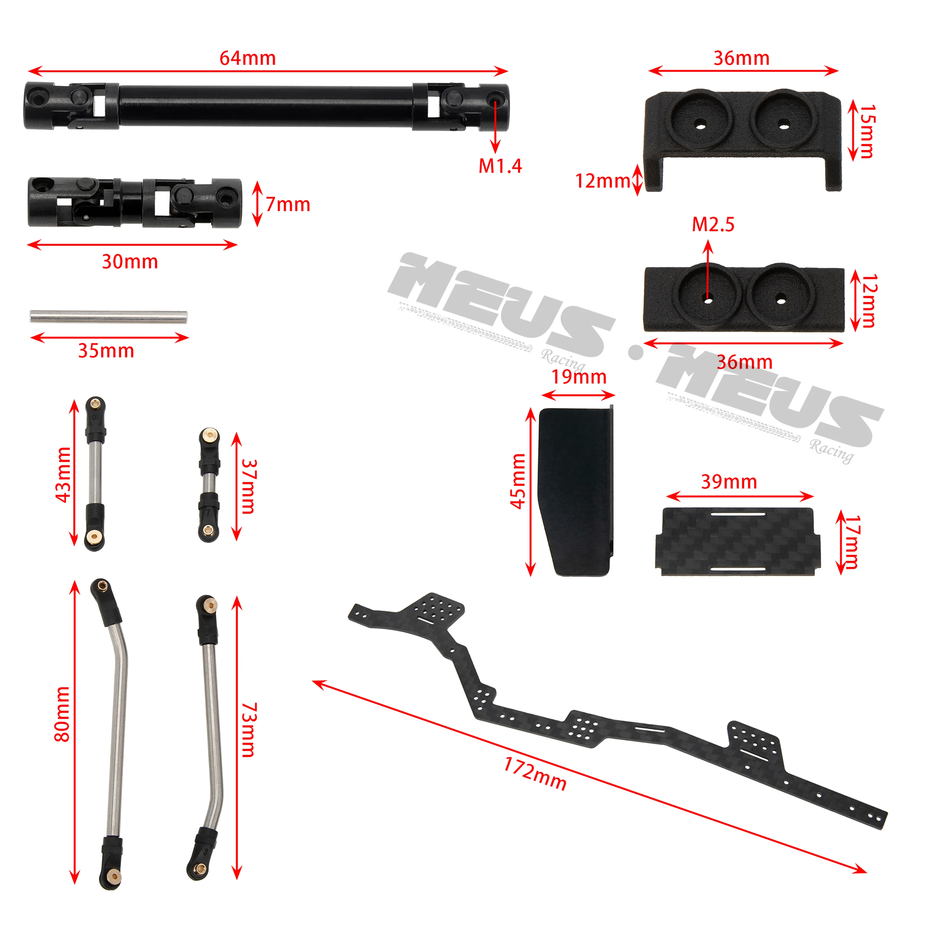 Meus Racing SCX24 LCG Carbon Fiber Chassis Frame Transmission Front System DIY Kits Links Drive Shaft Body Mount 132MM Wheelbase