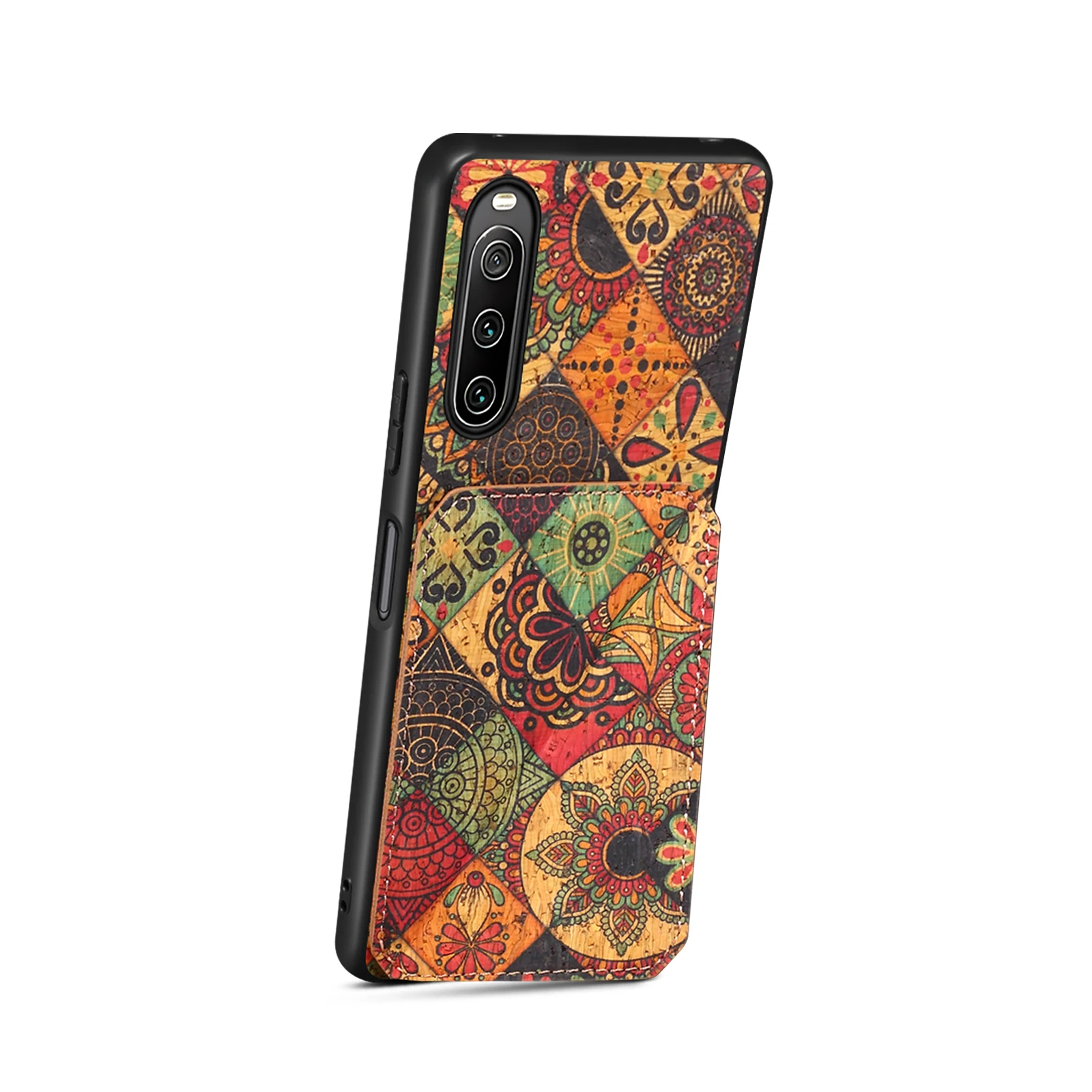 Denior Boho Floral Cork Wood Phone Cover Suitable for Sony Xperia 1 VII With Hidden Card Pocket Foldable Stand Shockproof Case view 3
