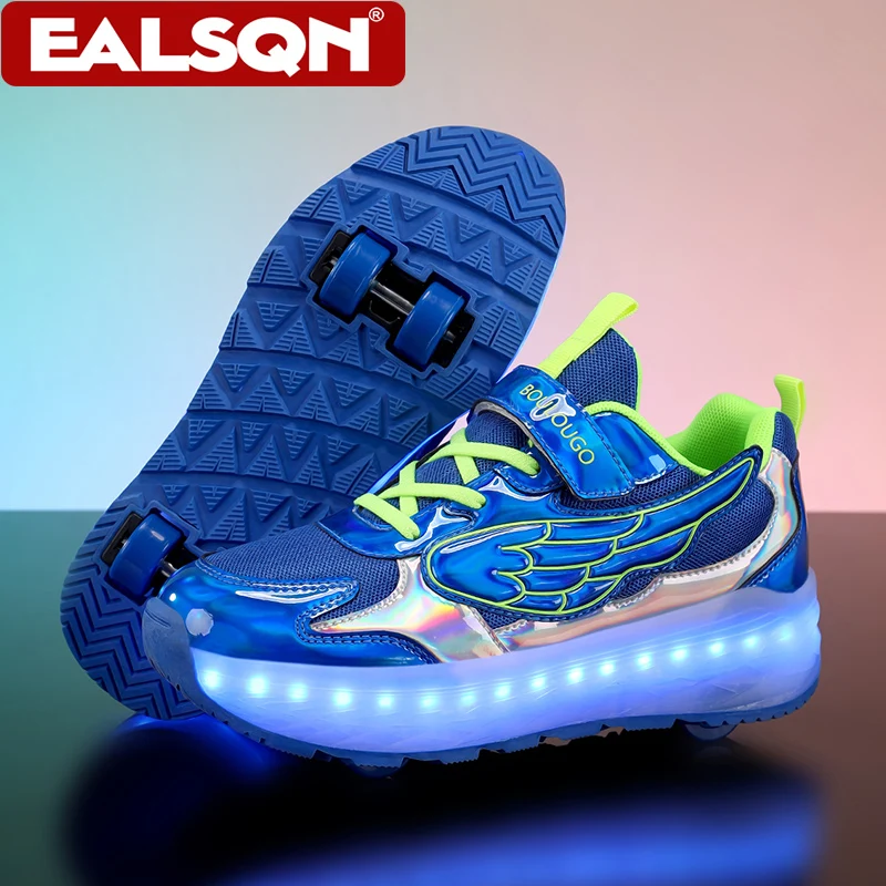 

Детские туфли для роликовых коньков с четырьмя колесами и светодиодной подсветкой для детей, повседневные кроссовки для скейтбординга для мальчиков и девочек, размер 28-38