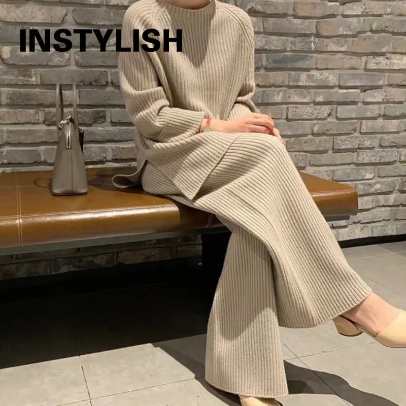 Women Elegant Sweater Suit Elegant Knitted Two Pieces Set Autumn Winter Oversized Pullover and Trousers Suit Female Outfits 2022