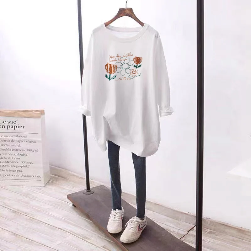 Oversize White Pure Cotton Long Sve Women's T-irt Casual Thin Sle Korean Version Base irt for Autumn Season